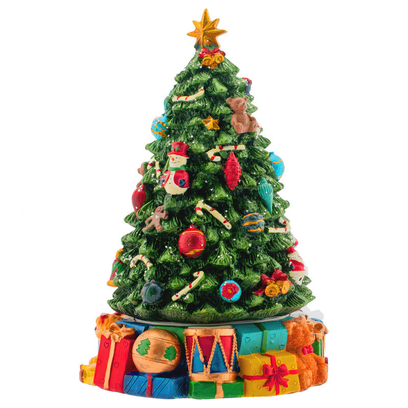 Front view of Christmas Tree Revolving Musical Figurine - Plays Tune We Wish You A Merry Christmas