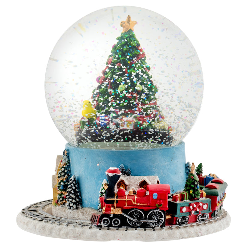 Front view of Christmas Tree Village Musical Snow Globe and Moving Train