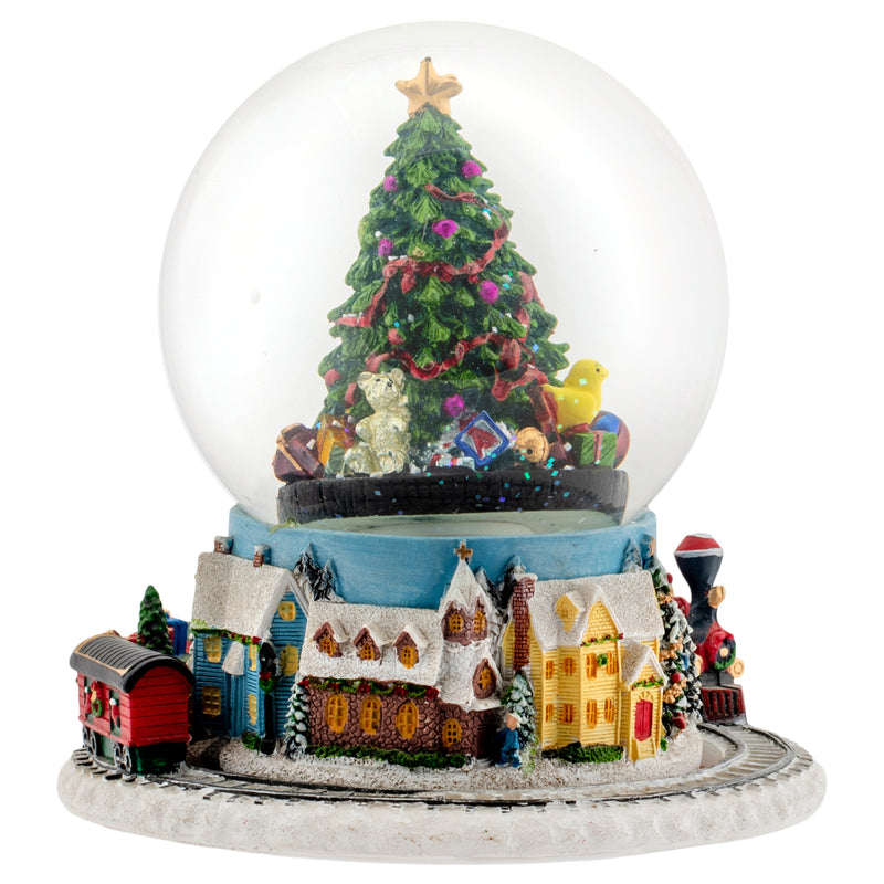 Christmas Tree Village Musical Water Globe And Moving Train - Plays Tune We Wish You A Merry Christmas