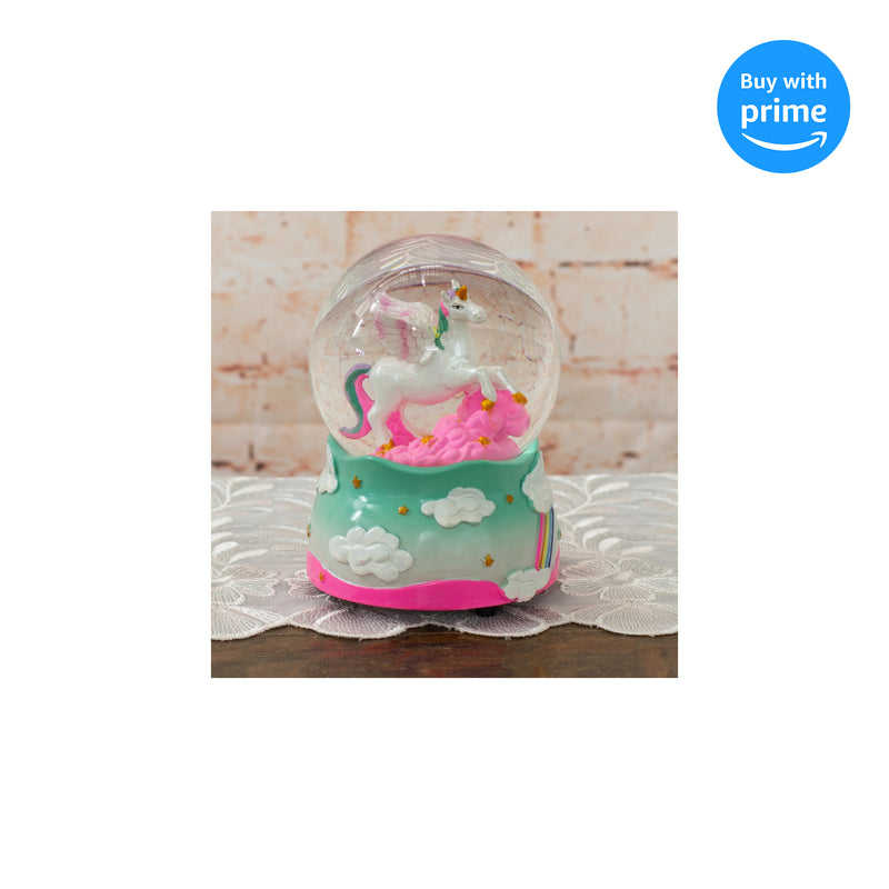 Front view of Unicorn Rainbows on Teal Musical Figurine Snow Globe