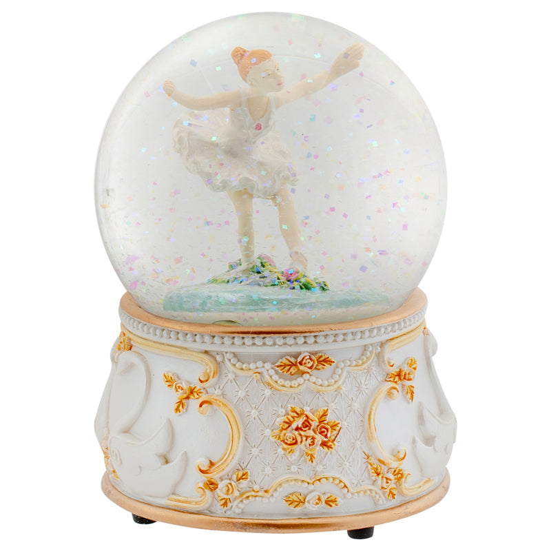 Front view of Gold and White Swan Ballerina Musical Snow Globe
