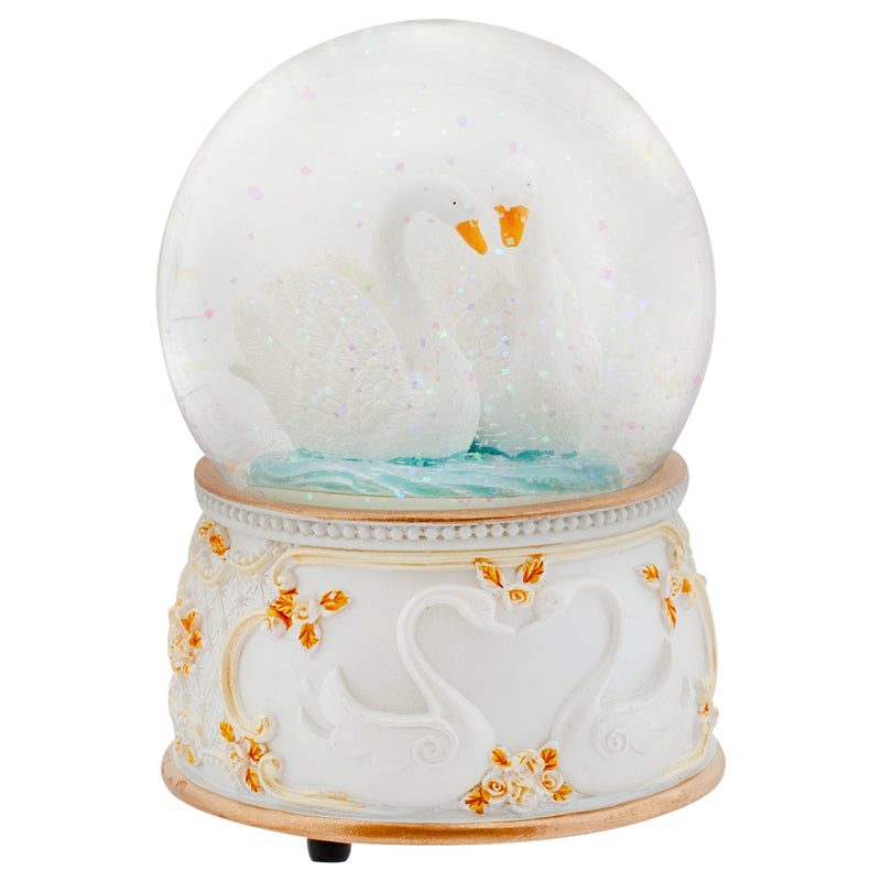 Front view of Graceful White Revolving Swan Musical Snow Globe