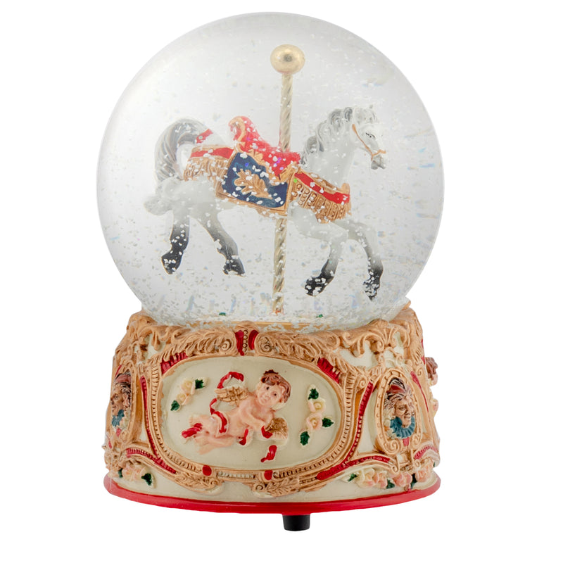 Gilded Gold Tone Cupid and Carousel Horse 100MM Musical Water Globe Plays Tune Unchained Melody