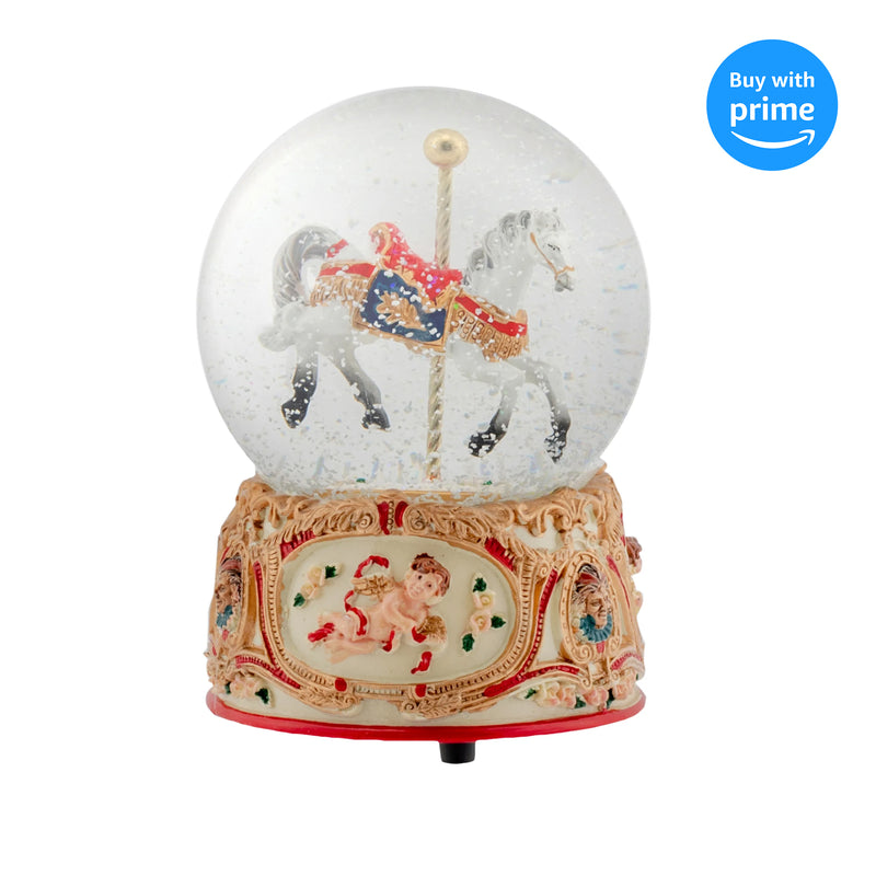 Front view of Gilded Gold Toneid and Carousel Horse Musical Snow Globe