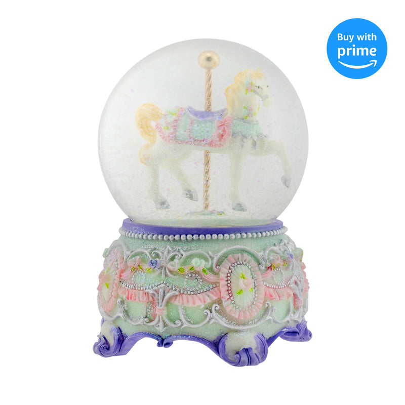 Front view of Purple Floral Horse and Carousel Musical Snow Globe