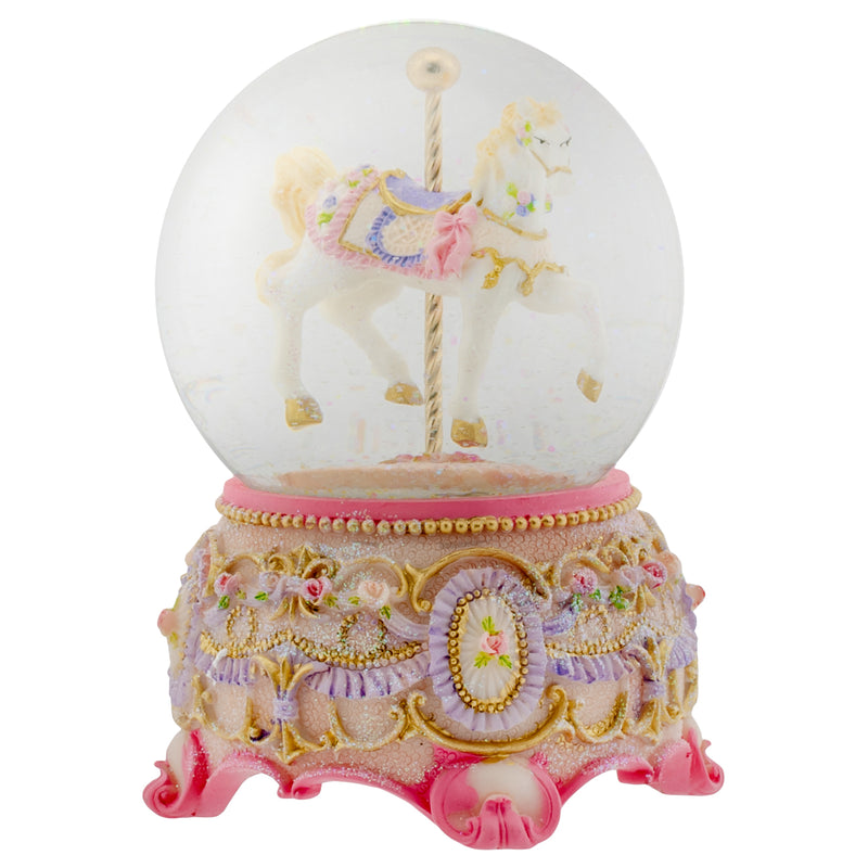 Pink Rose Horse and Carousel 100MM Musical Water Globe Plays Tune Carousel Waltz