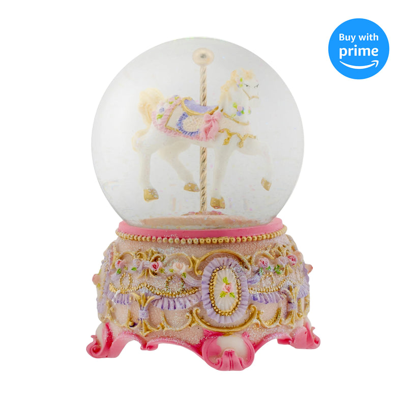 Front view of Pink Rose Horse and Carousel Musical Snow Globe