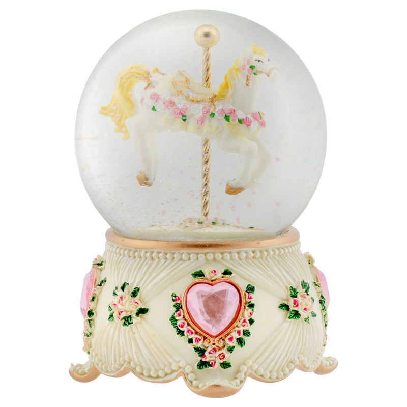 Rose Garland Horse and Carousel 100MM Musical Water Globe Plays Tune Carousel Waltz