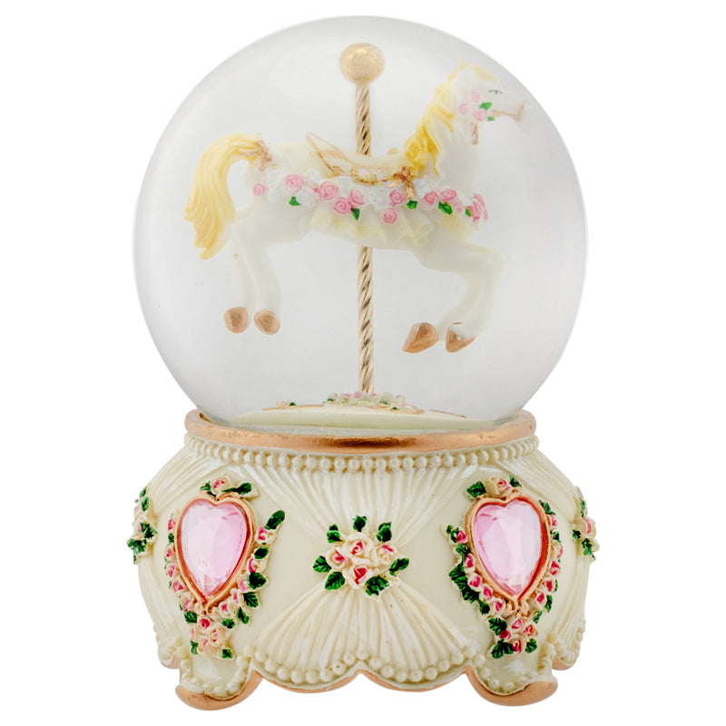 Rose Garland Horse and Carousel 100MM Musical Water Globe Plays Tune Carousel Waltz
