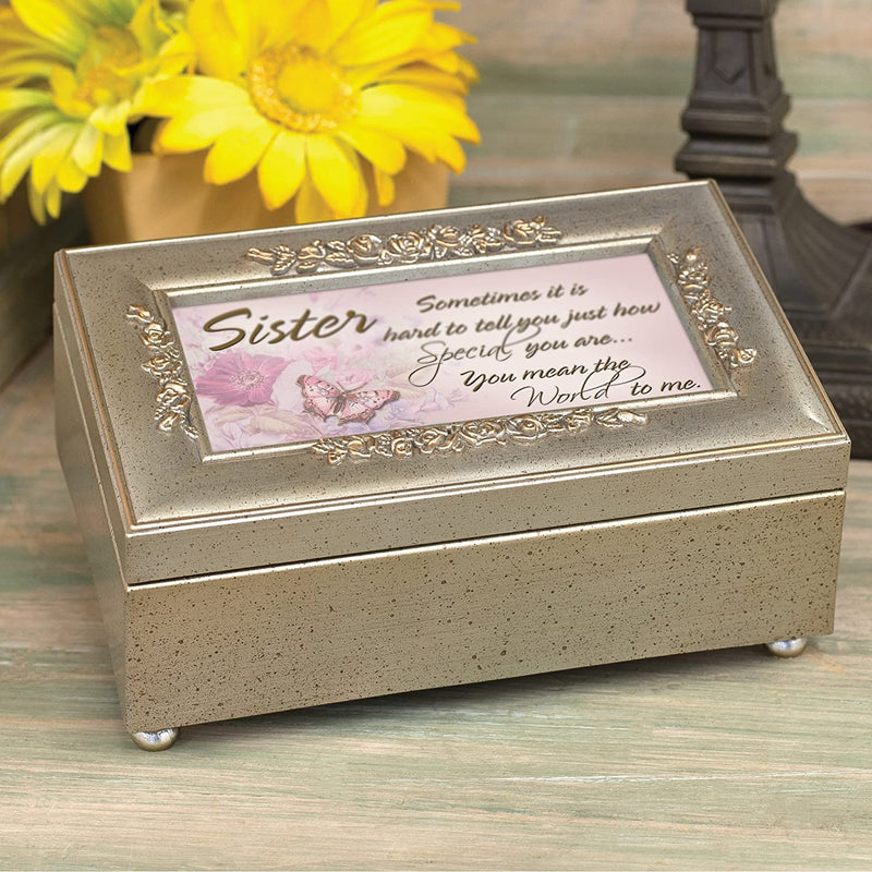 Top down view of Sister The World Champagne Silver Embossed Petite Rose Music Box