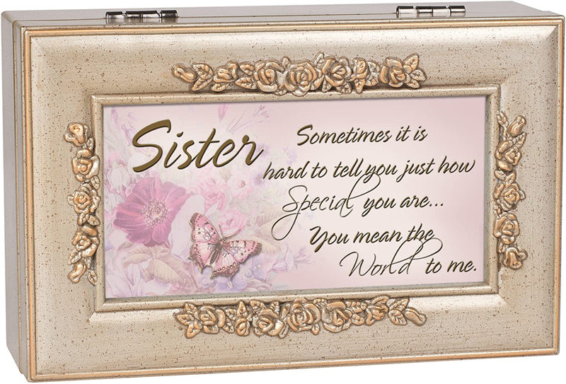 Sister You Mean the World Silvertone Embossed Jewelry Music Box Plays Wind Beneath My Wings