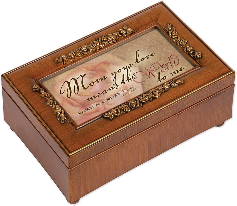 Top down view of Mom Your Love Means World Woodgrain Embossed Jewelry and Music Box