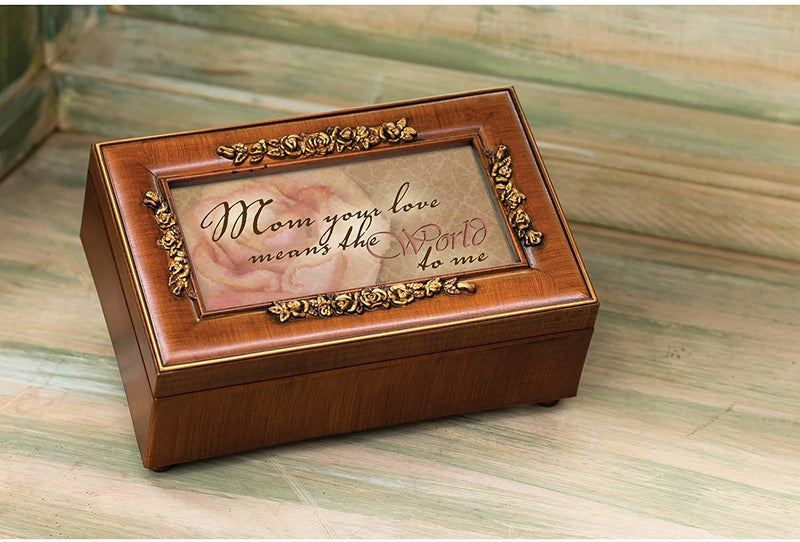 Top down view of Mom Your Love Woodgrain Embossed Petite Rose Music Box