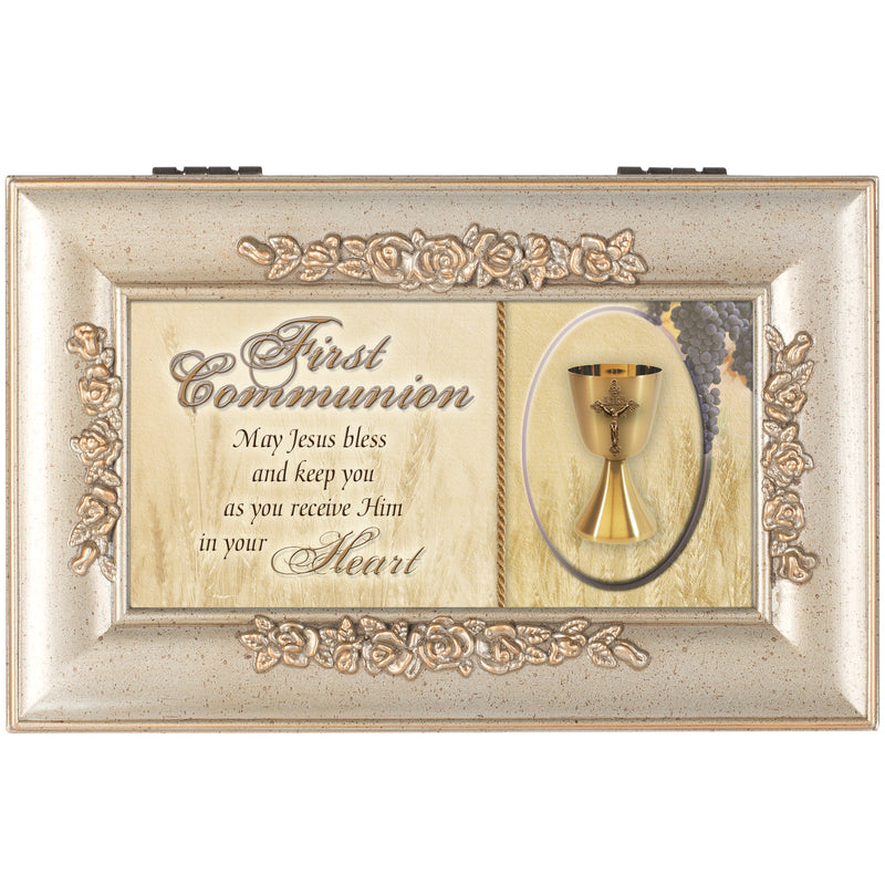 Top down view of First Communion Heart Champagne Silver Embossed Petite Rose Music Box