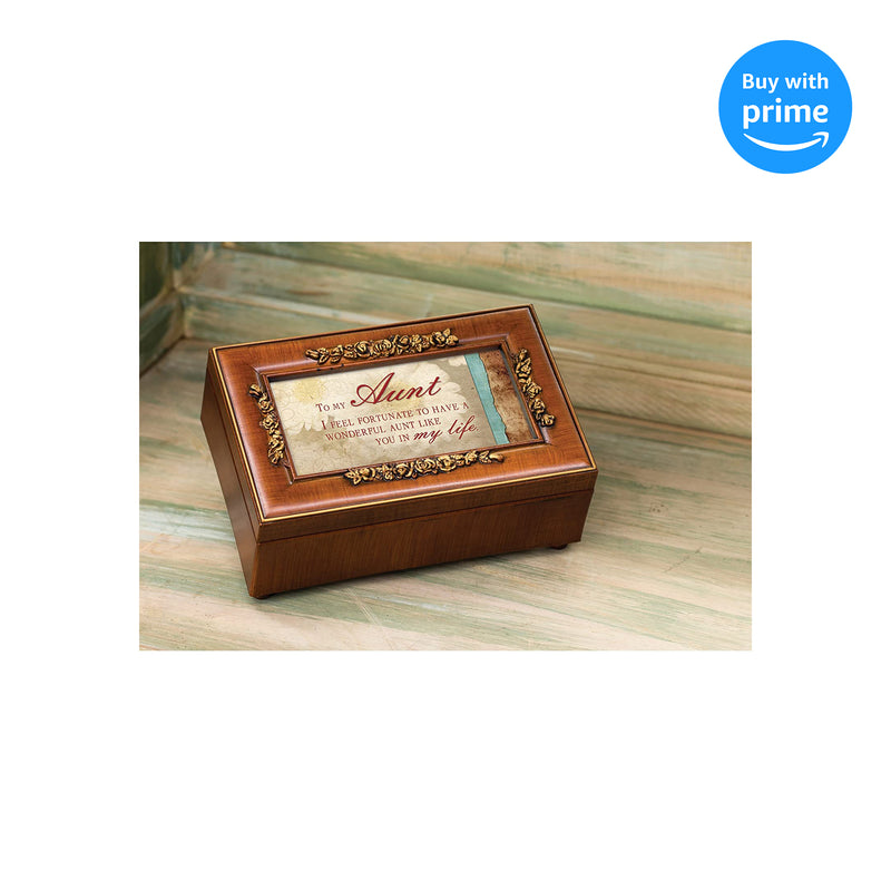 Top down view of Aunt Fortunate to Have You Woodgrain Embossed Rose Petite Music Box