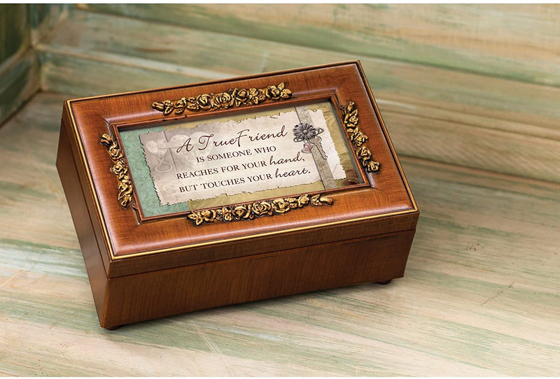 Top down view of True Friend Reaches Hand Touches Woodgrain Embossed Rose Petite Music Box