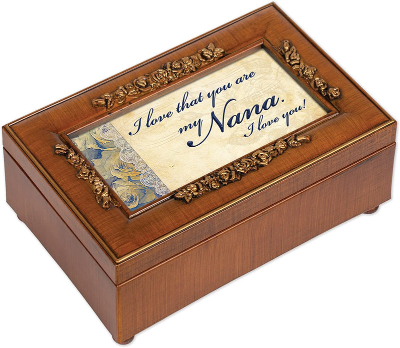 Top down view of Love That You are My Nana Woodgrain Embossed Rose Petite Music Box