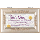 Top down view of Niece Sweet Smile Bring Joy Silvertone Embossed Rose Petite Music Box