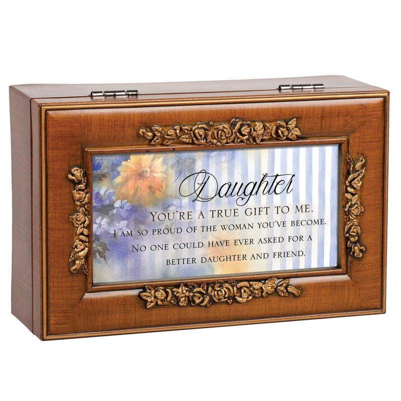 Top down view of Daughter You're a True Gift to Me Woodgrain Embossed Rose Petite Music Box