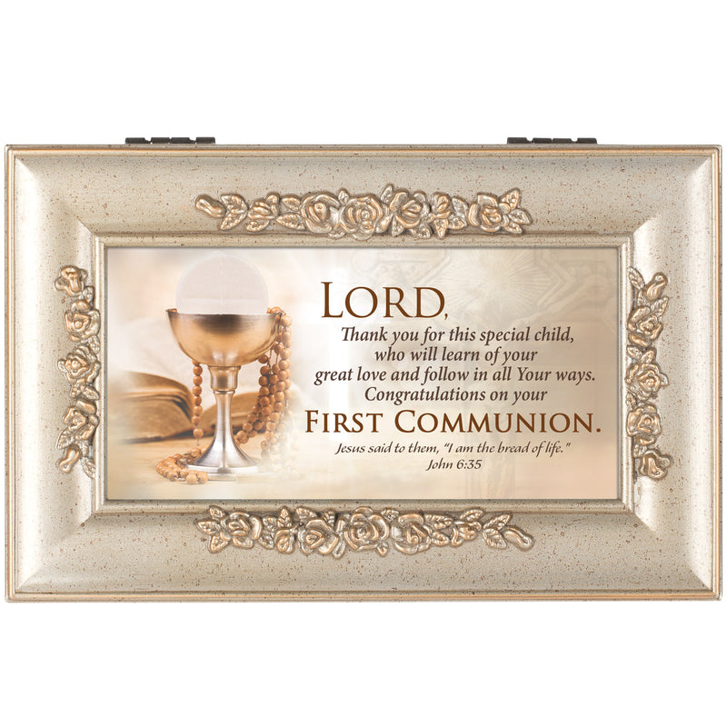 First Communion Child Petite Rose Music Box Plays Amazing Grace