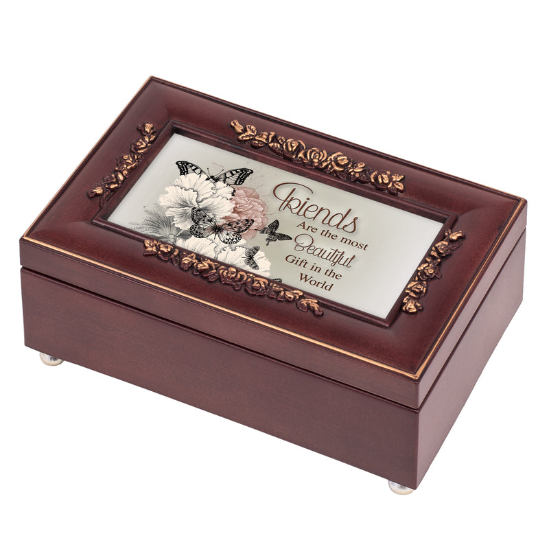Top down view of Beautiful Friendship Embossed Petite Rosewood Jewelry and Music Box