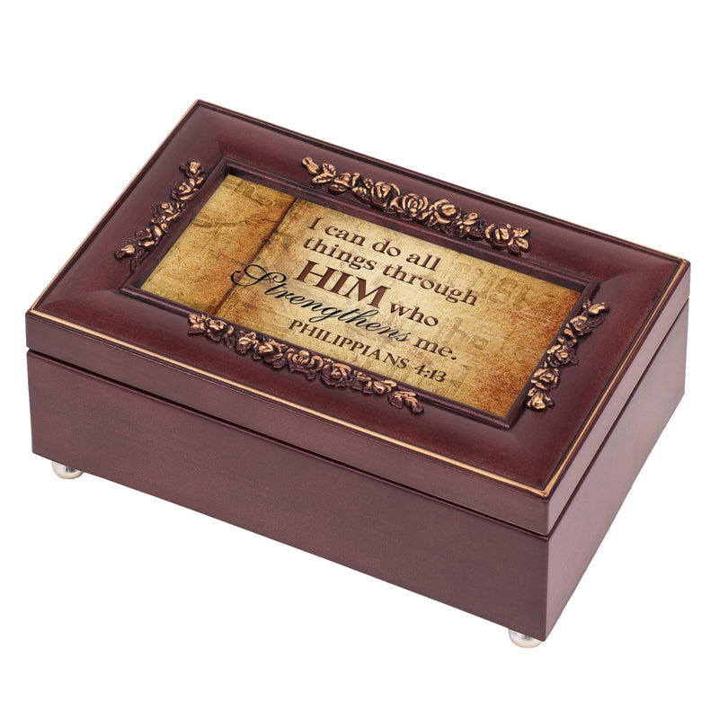 Top down view of All Things Through Him Embossed Petite Rosewood Jewelry and Music Box
