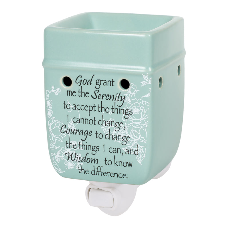 Front view of Serenity Prayer Teal White Floral Design Stoneware Electric Plug-in Outlet Wax and Oil Warmer