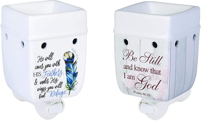 Front view of 2 piece set Refuge Under His Wings, "Be Still and Know" Scripture Plug-in Tart Oil Wax Warmers