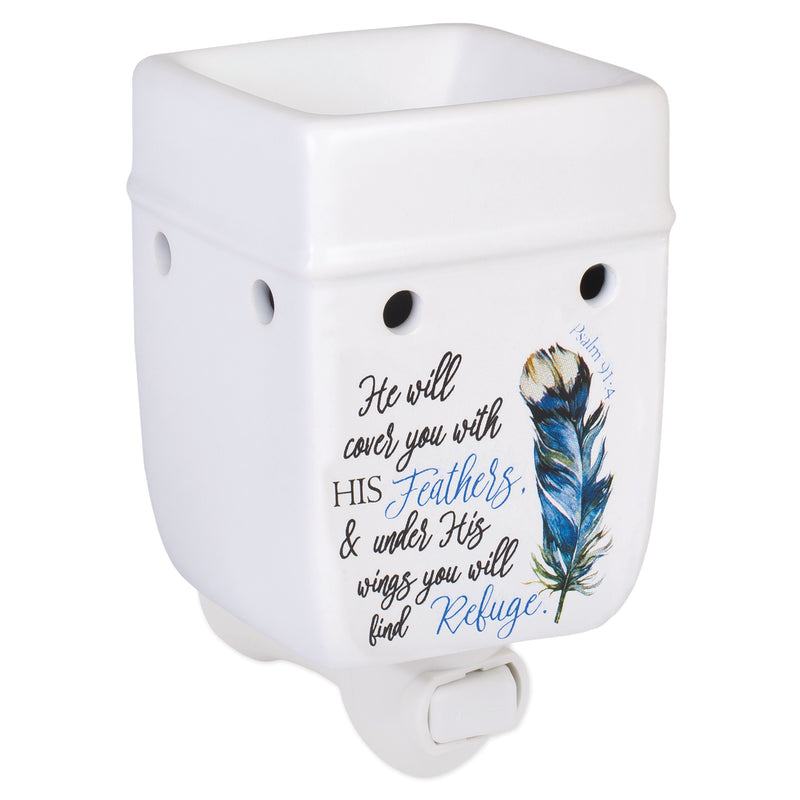 Front view of Refuge Under His Wings Feathers White Ceramic Stone Plug-in Warmer