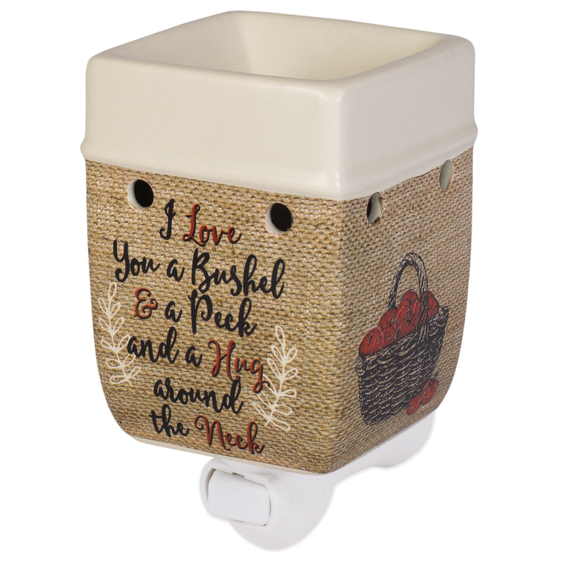 Front view of "I Love You A Bushel and A Peck" Burlap Apples Cream Ceramic Stone Plug-in Warmer