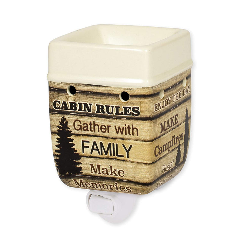 Front view of Cabin Rules Rustic Wood Outdoor Design Cream Ceramic Stone Plug-in Warmer