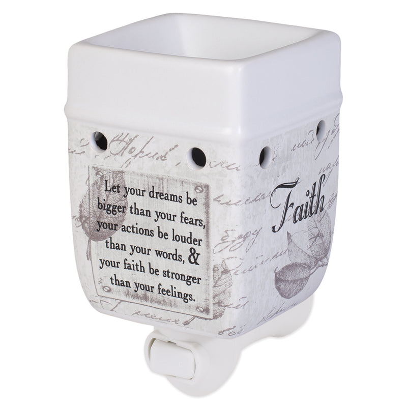Front view of "Let your dreams be bigger than your fears, your actions louder than your words, and faith be stronger than your feelings" Grey Leaves White Ceramic Stone Plug-in Warmer