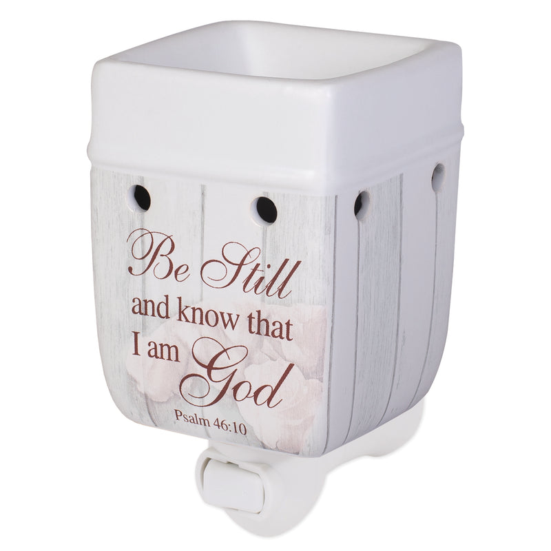 Front view of "Be Still and Know" Distressed Wood Design White Ceramic Stone Plug-in Warmer