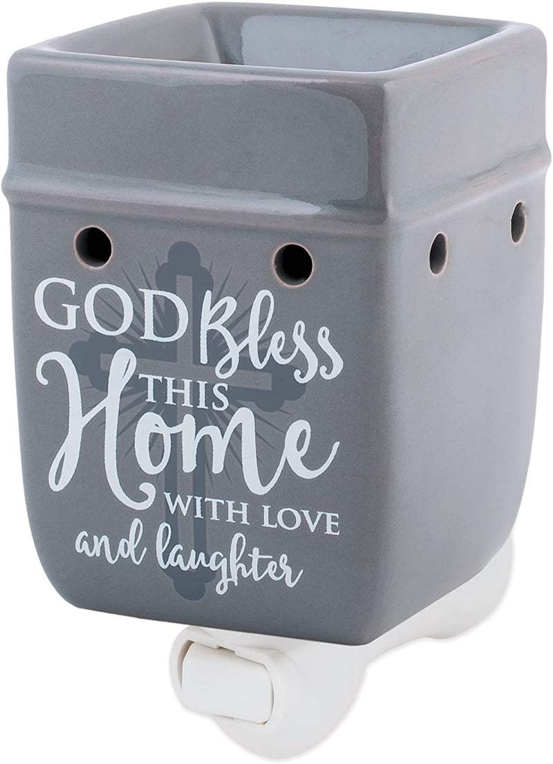 Front view of God Bless This Home with Love Grey Stoneware Electric Plug-in Wax Tart Oil Warmer