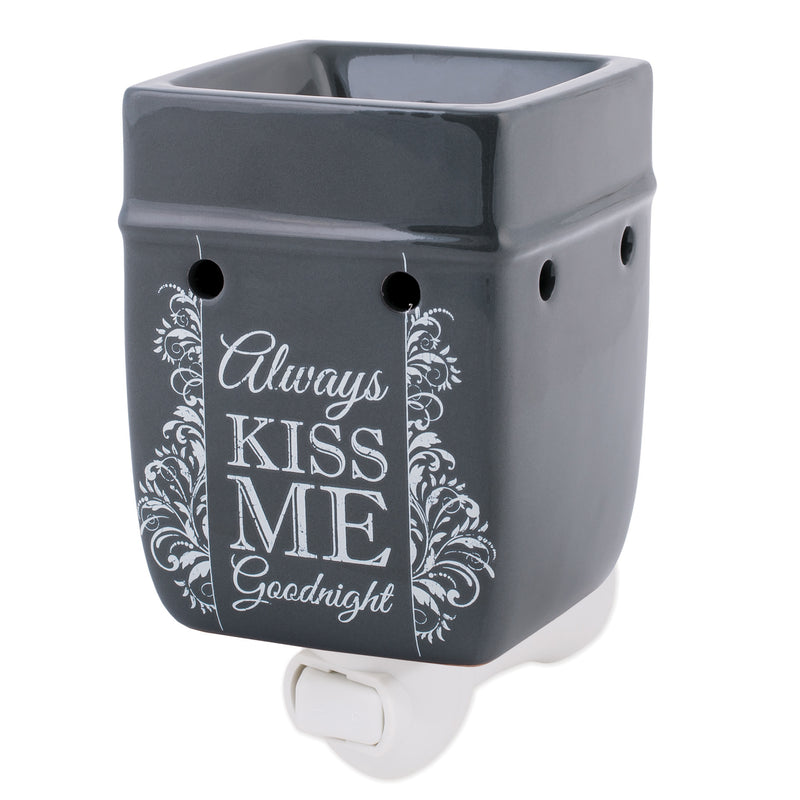 Front view of Always Kiss Me Goodnight Charcoal Grey Stoneware Electric Plug-in Wax Tart Oil Warmer