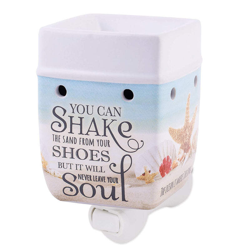 Front view of Shake The Sand from Shoes Beach Ocean Stoneware Electric Plug-in Wax Tart Oil Warmer