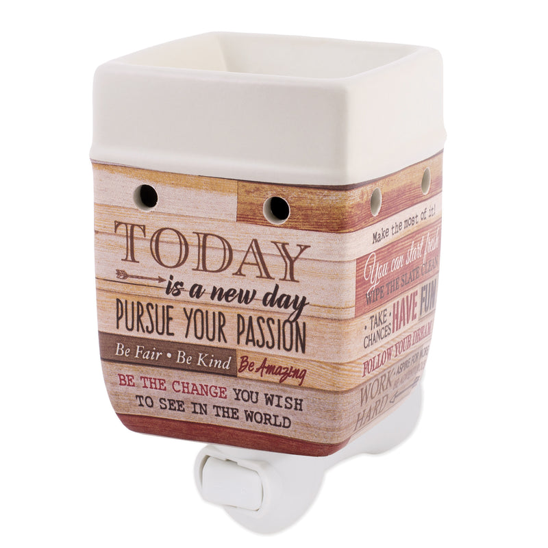 Front view of "Today is a new day" Wood Design Stoneware Electric Plug-in Wax Tart Oil Warmer
