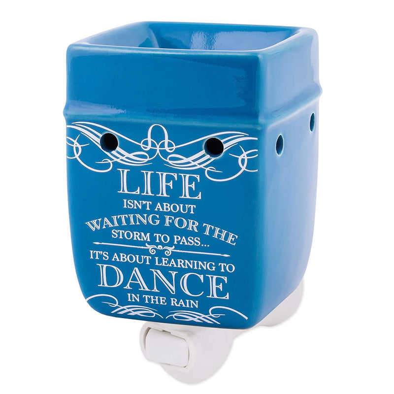 Front view of "Life isn't about waiting for the storm to pass… it's about learning to dance in the rain" Blue Stoneware Electric Plug-in Wax Tart Oil Warmer