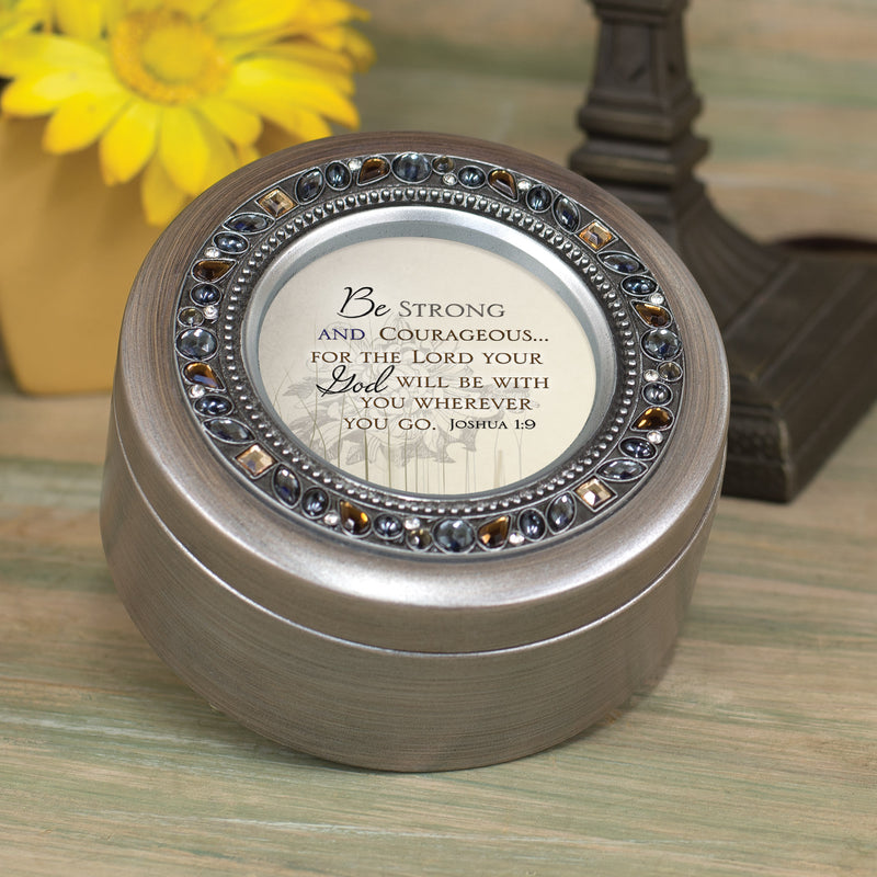 Be Strong and Courageous Brushed Pewter Jewelry Music Box Plays Amazing Grace