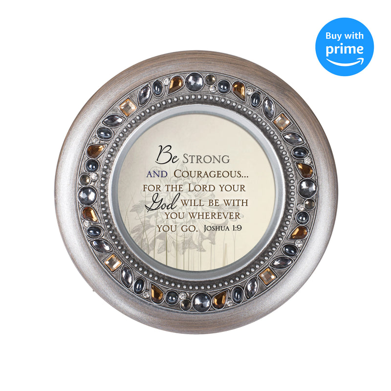 Top down view of Be Strong and Courageous Brushed Pewter Jewelry and Music Box