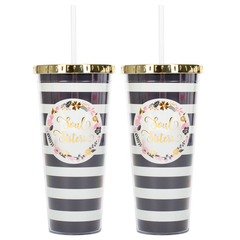 Soul Sisters Floral Wreath Black White Stripes 24 Ounce Straw Tumbler with Goldtone Lid 2 Pack