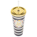 Soul Sisters Floral Wreath Black White Stripes 24 Ounce Straw Tumbler with Goldtone Lid 2 Pack