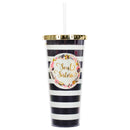 Soul Sisters Floral Wreath Black White Stripes 24 Ounce Straw Tumbler with Goldtone Lid