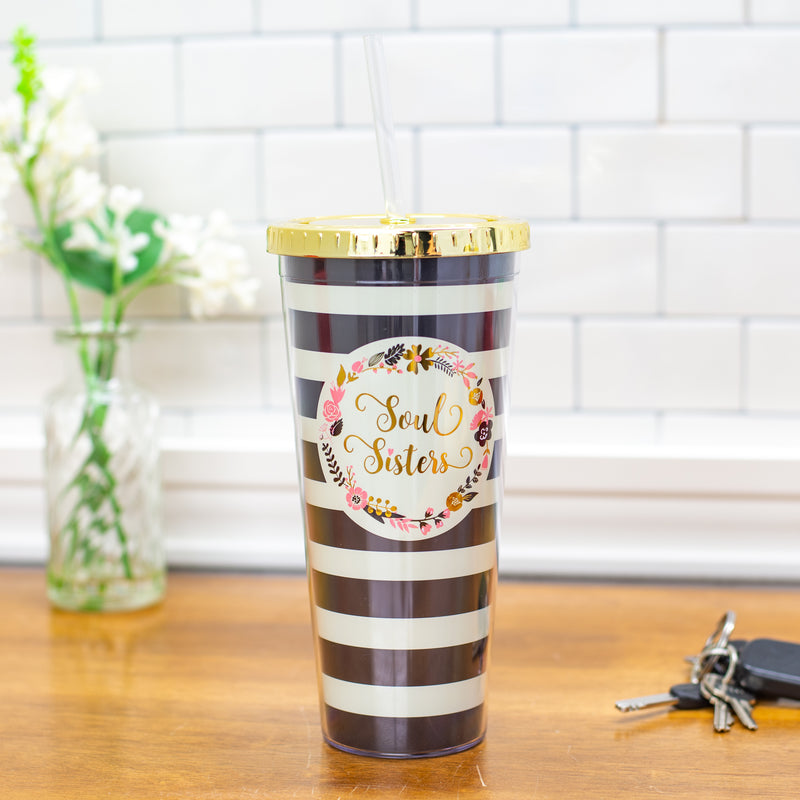 Soul Sisters Floral Wreath Black White Stripes 24 Ounce Straw Tumbler with Goldtone Lid