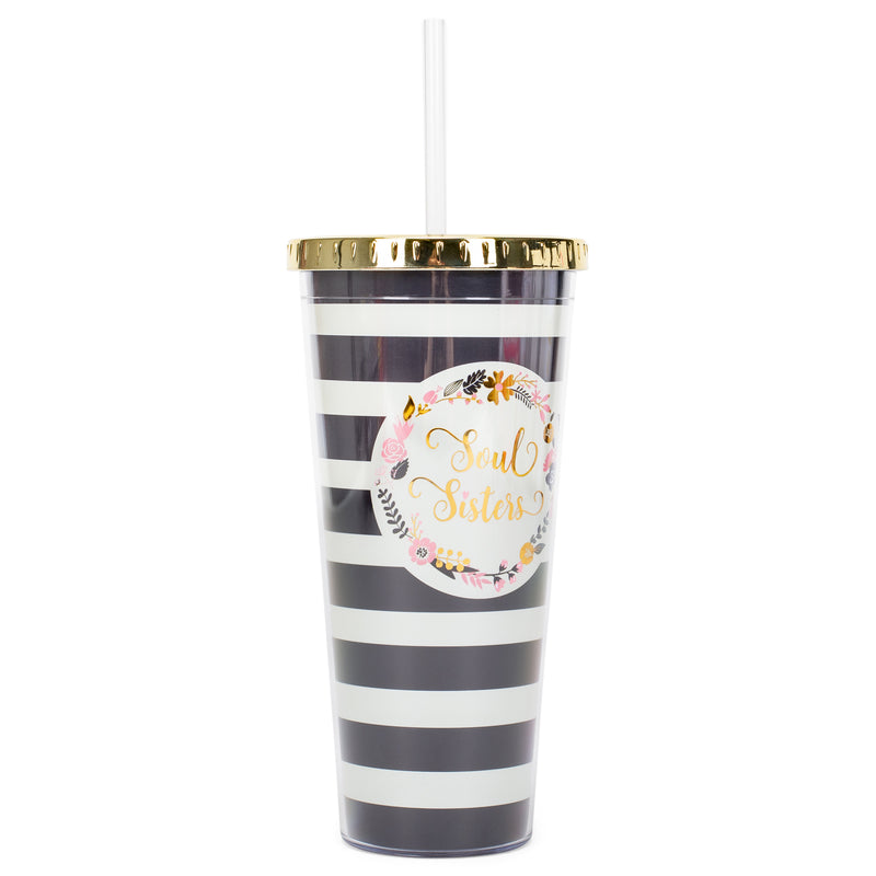 Soul Sisters Floral Wreath Black White Stripes 24 Ounce Straw Tumbler with Goldtone Lid