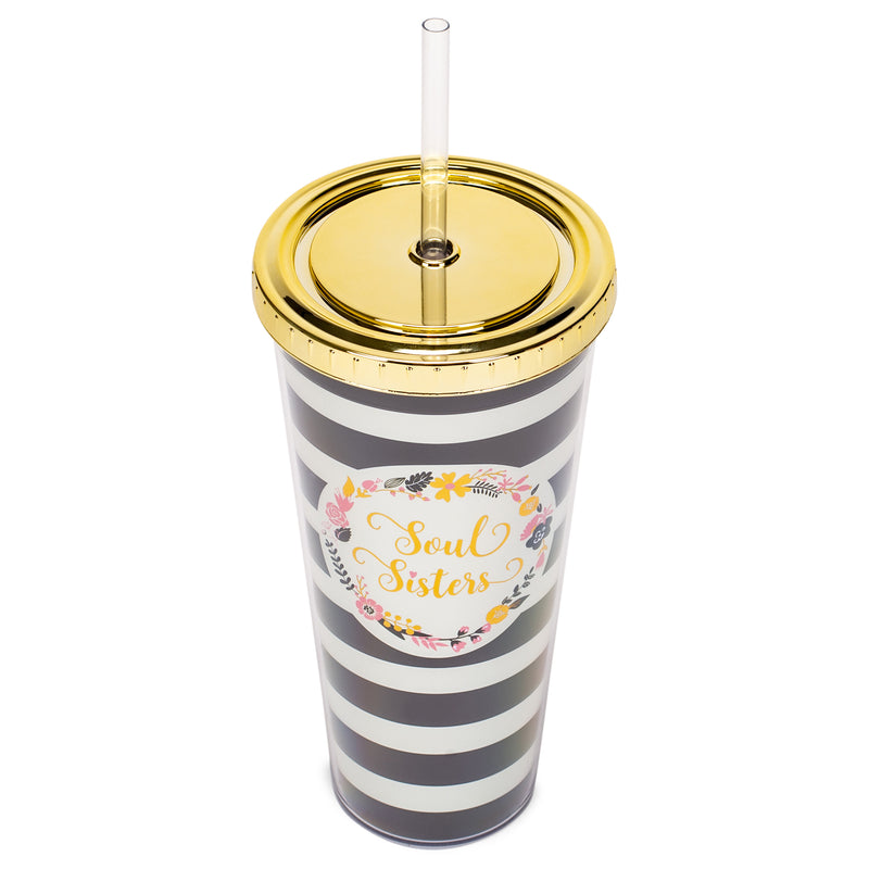 Soul Sisters Floral Wreath Black White Stripes 24 Ounce Straw Tumbler with Goldtone Lid