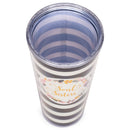 Soul Sisters Floral Wreath Black White Stripes 24 Ounce Straw Tumbler with Goldtone Lid