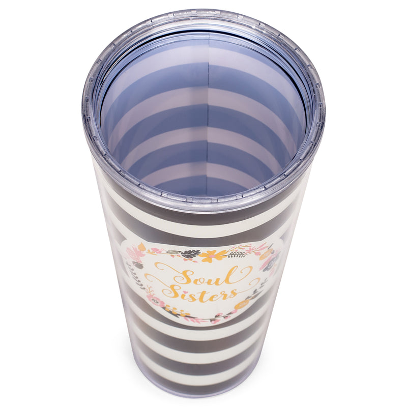 Soul Sisters Floral Wreath Black White Stripes 24 Ounce Straw Tumbler with Goldtone Lid
