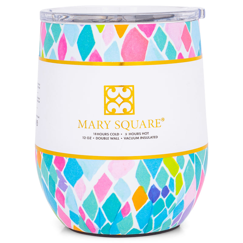 Mary Square 12oz Stainless Drink Travel Tumbler. With double walled, BPA hard plastic locking closure lid, Vacuum Insulated Stainless Steel Technology, this tumbler is amazing! (Santorini Pattern)