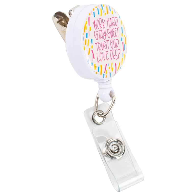 Mary Square"Work Hard Stay Sweet Trust God Love Deep" 3" x 1" Acrylic Badge Reel With Alligator Clip